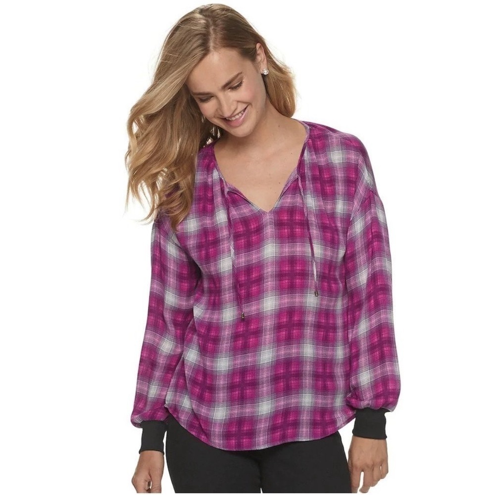 NWT Juicy Couture Plaid Peasant Blouse Fuchsia Pink Boho Split Tie Neck S